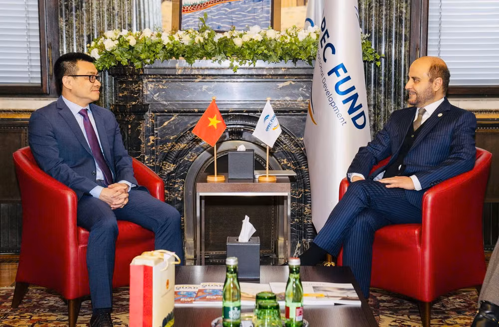 Đại sứ Vũ Lê Thái Hoàng và Tiến sĩ Abdulhamid Alkhalifa, Chủ tịch Quỹ OPEC tại buổi tiếp.