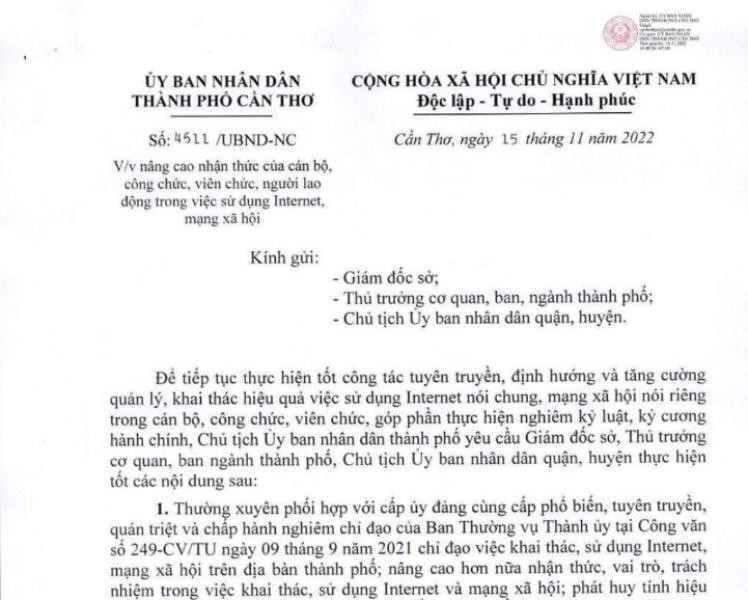 Văn bản của Chủ tịch UBND TP Cần Thơ chỉ đạo cán bộ, công viên chức nâng cao nhận thức về sử dụng mạng xã hội.