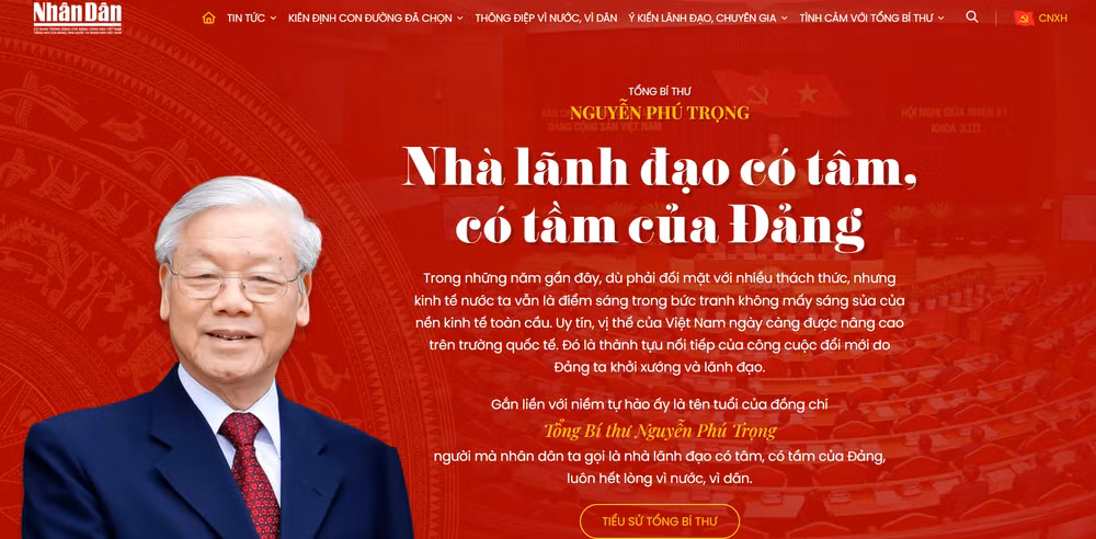 Giao diện trang chủ của Trang thông tin đặc biệt Tổng Bí thư Nguyễn Phú Trọng - Nhà lãnh đạo có tâm, có tầm của Đảng.