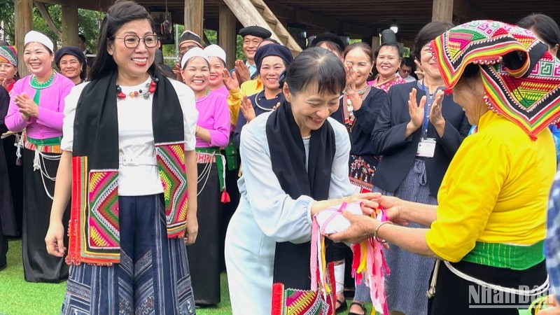 Khăn piêu và quả còn của người Thái được trao tặng trong hoạt động giao lưu Việt Nam-Nhật Bản. 