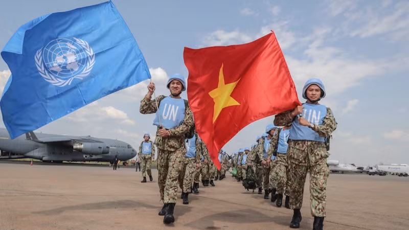 Lực lượng tham gia Bệnh viện Dã chiến, Cục Gìn giữ hòa bình Việt Nam đến Sudan làm nhiệm vụ, tháng 7/2018. (Ảnh: Ban tổ chức)