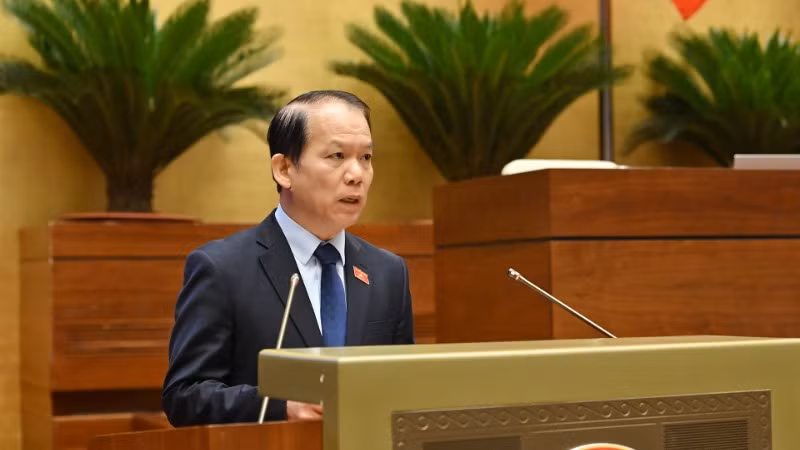 Chủ nhiệm Ủy ban Pháp luật và Tư pháp Hoàng Thanh Tùng trình bày Báo cáo thẩm tra dự án Luật sửa đổi, bổ sung một số điều của Luật Quốc tịch Việt Nam. (Ảnh: THỦY NGUYÊN)