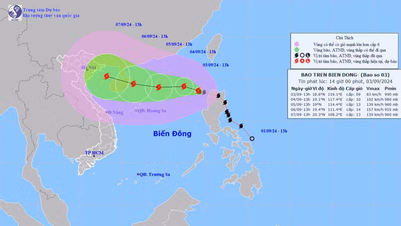 Vị trí và hướng di chuyển của bão số 3. (Nguồn: nchmf.gov.vn)