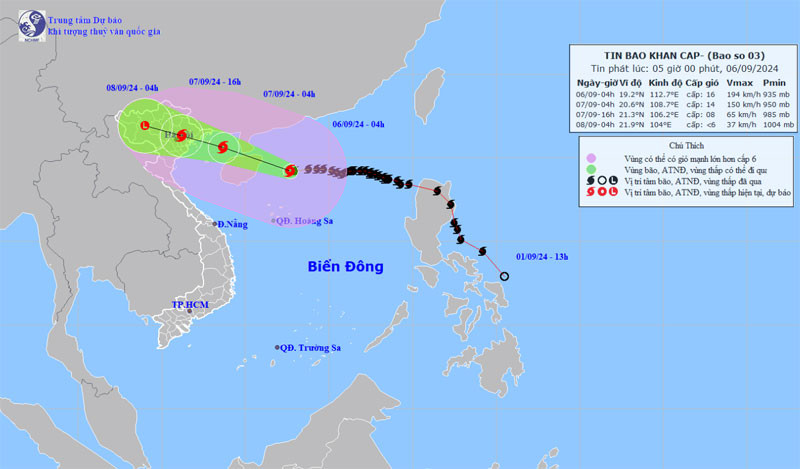 Vị trí và hướng di chuyển của bão số 3. (Nguồn: nchmf.gov.vn)