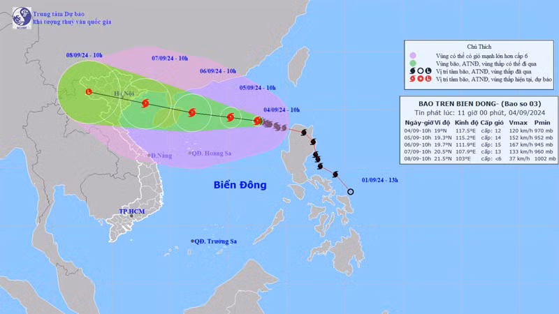 Vị trí và hướng di chuyển của bão số 3. (Nguồn: nchmf.gov.vn)