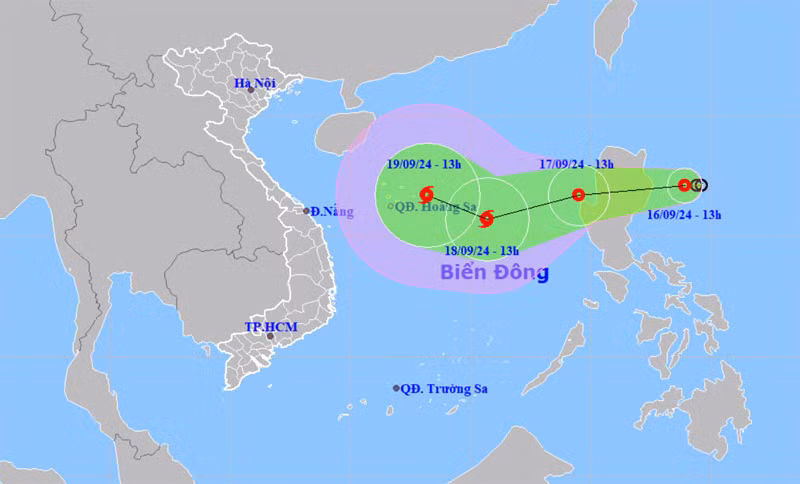 Vị trí và hướng di chuyển của áp thấp nhiệt đới lúc 13 giờ. (Nguồn: nchmf.gov.vn)