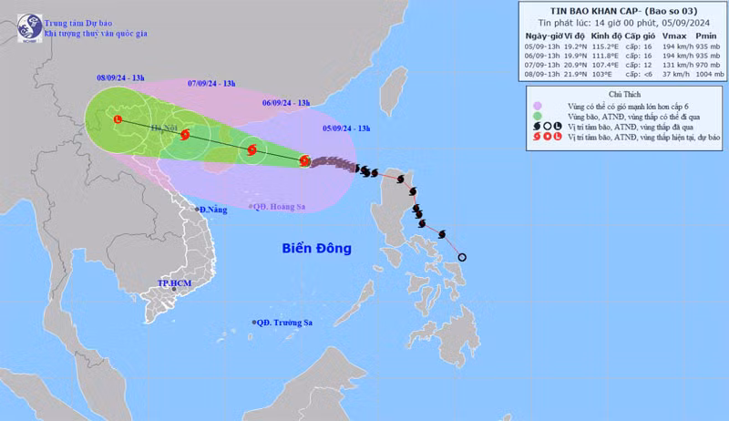 Vị trí và hướng di chuyển của bão số 3. (Nguồn: nchmf.gov.vn)