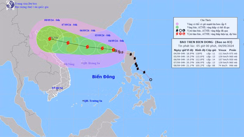 Vị trí và hướng di chuyển của bão số 3. (Nguồn: nchmf.gov.vn)