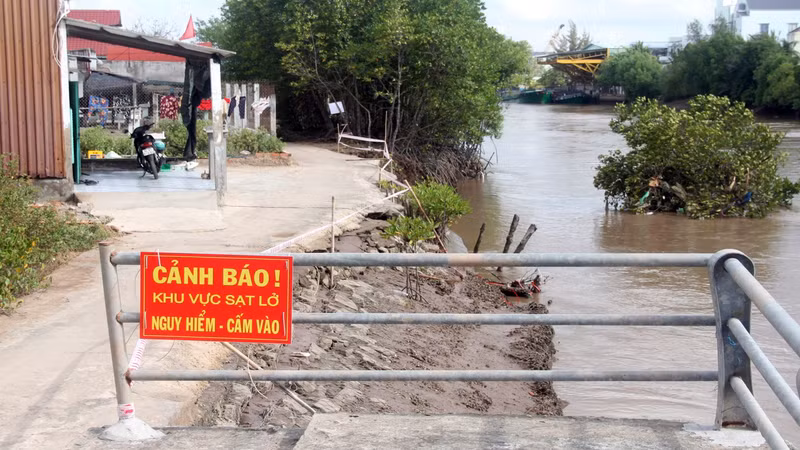 Hiện trường vụ sạt lở đất khu vực bờ phía Tây hạ lưu cống Nhà Mát, tỉnh Bạc Liêu. (Ảnh: GIA MINH).