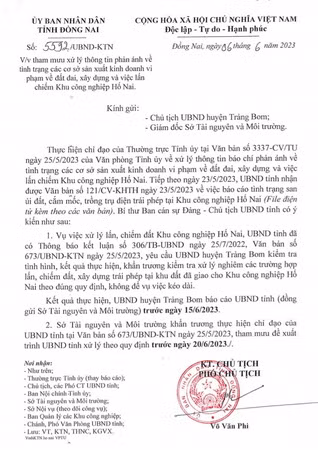Văn bản số 5592/UBND-KTN của Ủy ban nhân dân tỉnh Đồng Nai yêu cầu các đơn vị kiểm tra, xử lý sau khi Thường trực Tỉnh ủy chỉ đạo nội dung Báo Nhân Dân nêu.