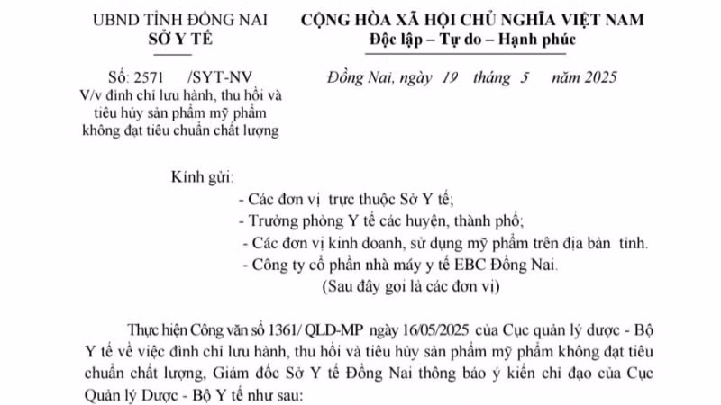 Văn bản số 2571 của Sở Y tế Đồng Nai.