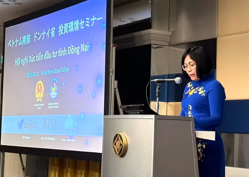 Phó Chủ tịch Ủy ban nhân dân tỉnh Đồng Nai Nguyễn Thị Hoàng giới thiệu tiềm năng, lợi thế của Đồng Nai đến các nhà đầu tư Nhật Bản.