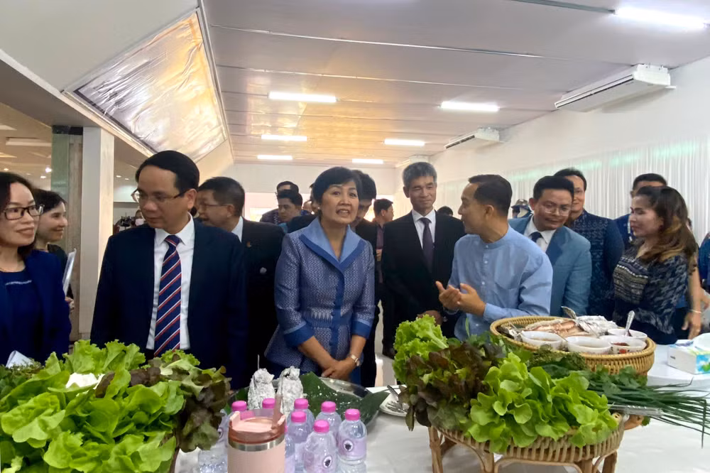 Lãnh đạo hai tỉnh và Tổng Lãnh sự Chu Đức Dũng thăm gian hàng triển lãm sản phẩm của các doanh nghiệp.