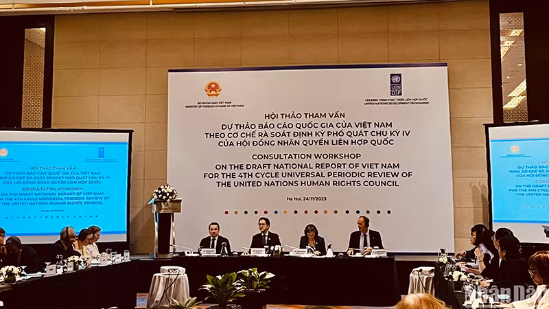 Quang cảnh Hội thảo tham vấn dự thảo Báo cáo Quốc gia của Việt Nam theo cơ chế UPR chu kỳ IV của Hội đồng Nhân quyền. (Ảnh: Hải Đăng)