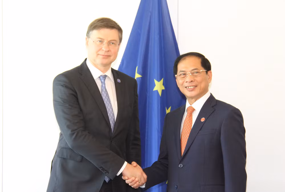 Bộ trưởng Ngoại giao Bùi Thanh Sơn gặp Phó Chủ tịch Ủy ban châu Âu Valdis Dombrovskis. (Ảnh: KHẢI HOÀN)