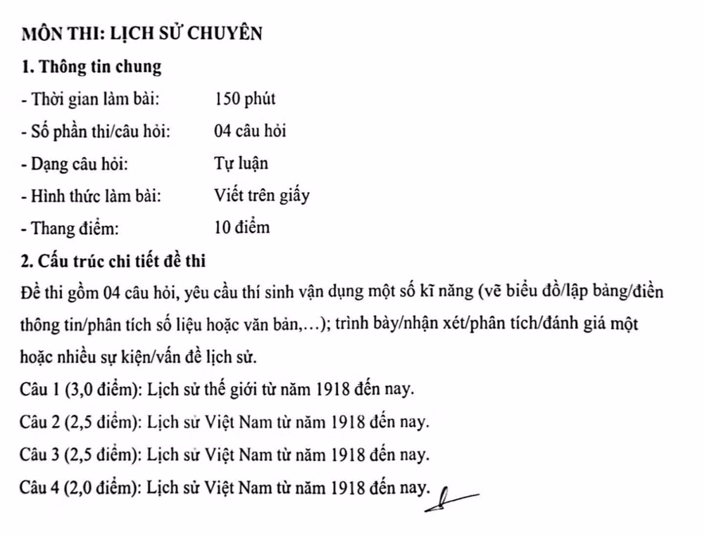 Dạng thức bài thi Lịch sử chuyên