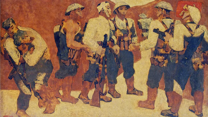 Tác phẩm tranh sơn mài “Kết nạp Đảng ở Điện Biên Phủ” của danh họa Nguyễn Sáng. (Ảnh tư liệu)