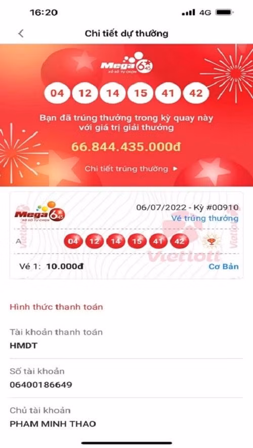 Ảnh màn hình trúng thưởng.