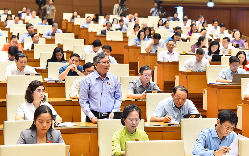 Đại biểu Quốc hội tỉnh Kon Tum phát biểu thảo luận dự thảo Luật Lực lượng tham gia bảo vệ an ninh, trật tự ở cơ sở. (Ảnh THỦY NGUYÊN)