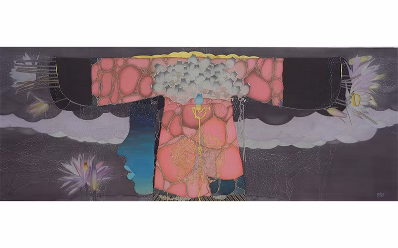 Vũ Đình Tuấn, Vườn phương Đông, mầu nước trên lụa, 78x200cm, thuộc bộ sưu tập Ánh Dương. Ảnh: NVCC