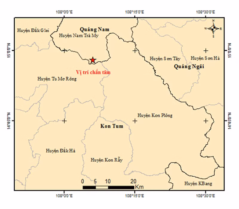 Vị trí chấn tâm trận động đất xảy ra tại huyện Nam Trà My, lúc 10 giờ 29 phút 28 giây ngày 9/10/2024.