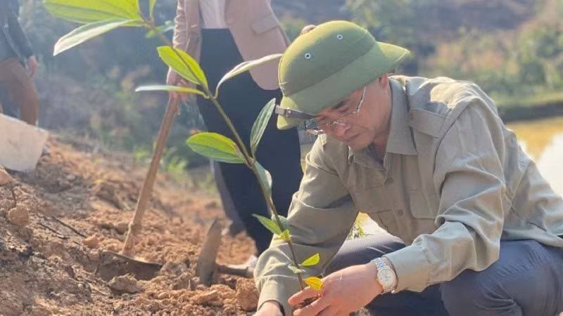 Hưởng ứng phong trào trồng cây phủ xanh đất trống đồi trọc, mỗi năm các đồng chí lãnh đạo Huyện ủy, Ủy ban nhân dân huyện Nậm Pồ đều tham gia các chương trình trồng cây, trồng rừng cùng nông dân. (Ảnh: THÀNH ĐẠT)