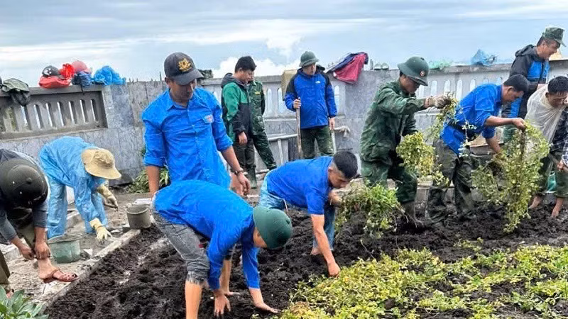 Đoàn viên thanh niên xã Sín Thầu, huyện Mường Nhé trồng cây quanh khuôn viên Cột cờ A Pa Chải.