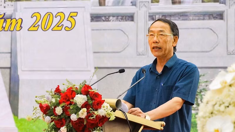 Thiếu tướng Sùng A Hồng, nguyên Giám đốc Công an tỉnh Điện Biên, phát biểu tại Lễ Khởi công xây dựng Khu tưởng niệm Anh hùng liệt sĩ Phạm Văn Cường.