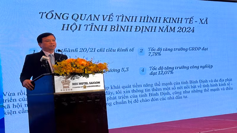 Phó Chủ tịch Thường trực Ủy ban nhân dân tỉnh Bình Định Nguyễn Tuấn Thanh giới thiệu tình hình kinh tế-xã hội của tỉnh. (Ảnh: HOÀNG LIÊM)