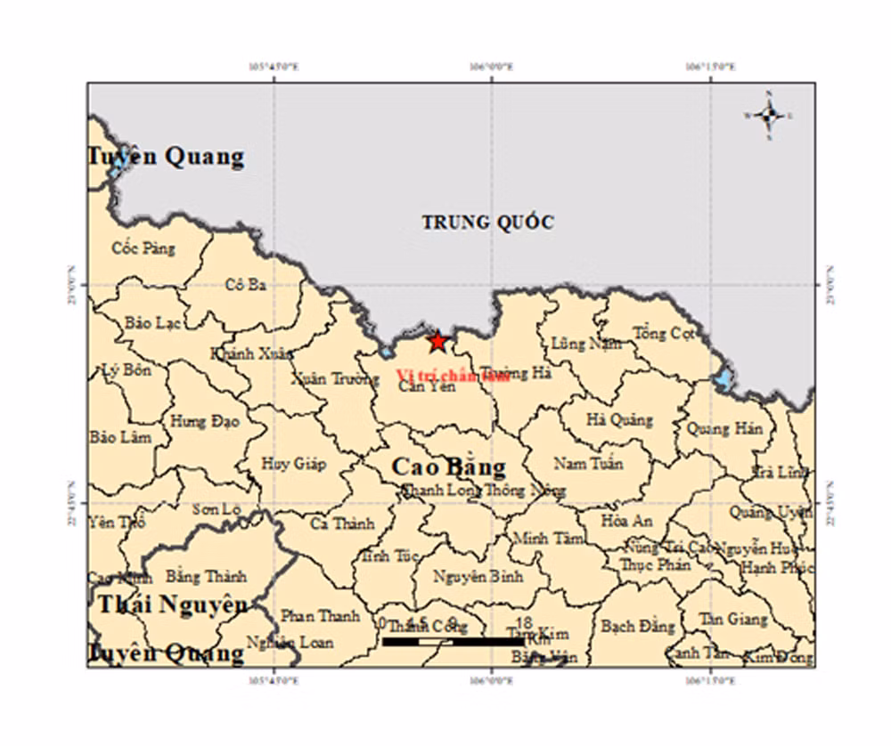 Bản đồ tâm chấn động đất M= 3.4 tại xã Cần Yên, tỉnh Cao Bằng. (Nguồn: Trung tâm Báo tin động đất và Cảnh báo sóng thần, Viện Các khoa học trái đất)