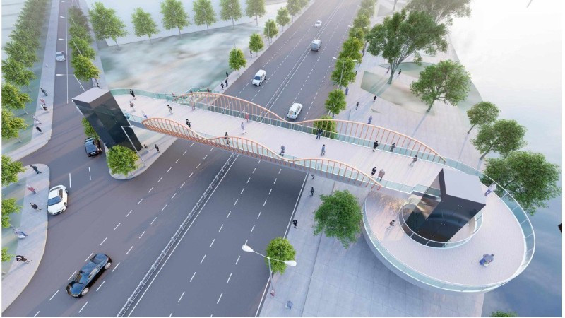 Phối cảnh cầu đi bộ băng qua đường Tôn Đức Thắng nối đường Nguyễn Huệ và Thái Văn Lung sang Bến Bạch Đằng (Nguồn: Sở Xây dựng Thành phố Hồ Chí Minh) 