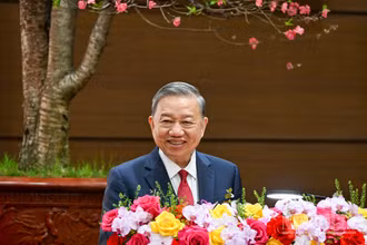 Tổng Bí thư Tô Lâm phát biểu chúc Tết Đảng bộ, chính quyền và nhân dân Thủ đô Hà Nội. 