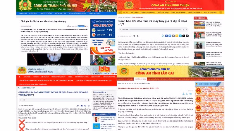 Ảnh chụp màn hình các thông báo cảnh báo của Công an thành phố Hà Nội, Công an tỉnh Bình Thuận, Công an tỉnh Hà Nam và Công an tỉnh Lào Cai về tình trạng lừa đảo mua bán vé máy bay giá rẻ qua mạng dịp lễ 30/4 và 1/5. (Ảnh chụp màn hình).