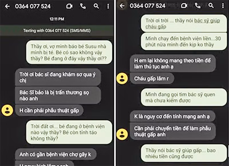 Tin nhắn thông báo "con đang cấp cứu" để lừa đảo chuyển tiền, chiếm đoạt tài sản. (Ảnh MINH TUỆ)