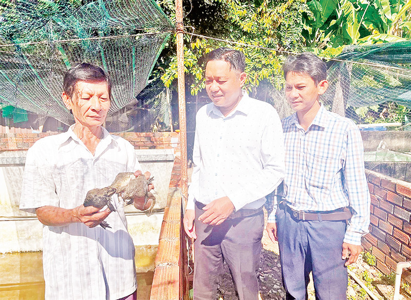 Nông dân Hồ Thanh Hải (ngoài cùng bên trái) chia sẻ kinh nghiệm, hiệu quả nuôi ếch với đại diện Hội Nông dân xã Quy Đức và cán bộ kỹ thuật.