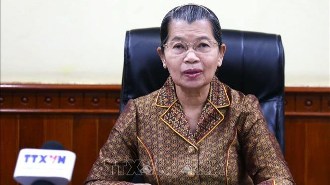 Bà Samdech Kitti Sangahapundit Men Sam An, Cố vấn tối cao trực tiếp của Quốc vương Campuchia, Phó Chủ tịch CPP, Chủ tịch Hội đồng Quốc gia Mặt trận Đoàn kết Phát triển Tổ quốc Campuchia, Chủ tịch Hội Hữu nghị Campuchia - Việt Nam trả lời phỏng vấn TTXVN. (Ảnh: Quang Anh/PV TTXVN tại Campuchia)