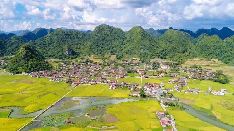 Toàn cảnh cánh đồng Bắc Sơn, (Lạng Sơn) đang vào mùa thu hoạch.