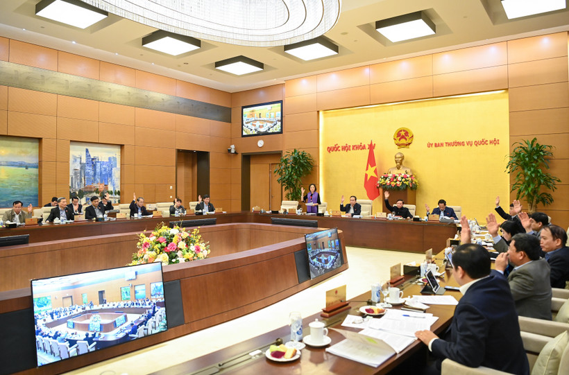 Ủy ban Thường vụ Quốc hội biểu quyết thông qua Nghị quyết tại phiên họp. (Ảnh: Duy Linh)