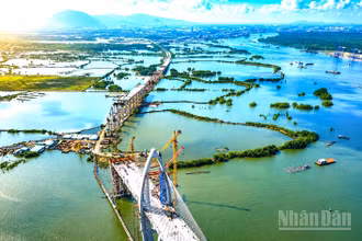 Cầu Phước An, công trình giao thông trọng điểm kết nối Thành phố Hồ Chí Minh với Đồng Nai và các tỉnh miền tây, đang vượt tiến độ.