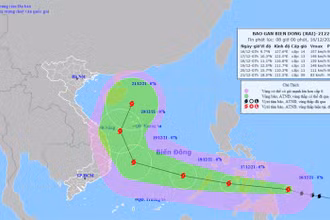 Vị trí và hướng di chuyển của bão RAI lúc 8 giờ ngày 16/12. (Nguồn: nchmf.gov.vn)