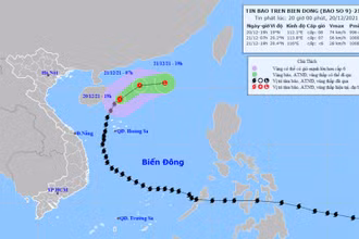 Vị trí và hướng di chuyển của bão số 9 lúc 20 giờ ngày 20/12. (Nguồn: nchmf.gov.vn)