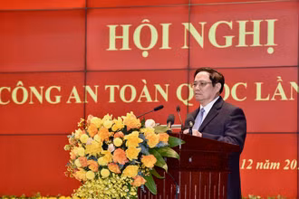 Thủ tướng Phạm Minh Chính phát biểu tại Hội nghị Công an toàn quốc lần thứ 77. (Ảnh: TRẦN HẢI)