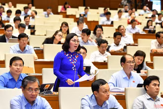 Đại biểu Lý Anh Thư (Kiên Giang) phát biểu tại phiên thảo luận của Quốc hội về dự án Luật Phòng, chống bạo lực gia đình (sửa đổi), chiều 14/6. (Ảnh: LINH NGUYÊN)