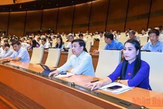 Đại biểu Quốc hội biểu quyết thông qua Nghị quyết về thí điểm mô hình tổ chức hoạt động lao động, hướng nghiệp, dạy nghề cho phạm nhân ngoài trại giam. (Ảnh: LINH NGUYÊN)