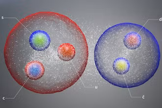 Hạt pentaquark mới được minh họa dưới dạng một cặp hadron tiêu chuẩn liên kết với nhau trong một cấu trúc giống phân tử. (Ảnh: CERN)