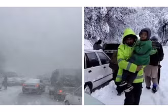 Ôtô mắc kẹt ở thị trấn Murree (ảnh trái) và nhà chức trách thực hiện chiến dịch cứu hộ khi tuyết rơi dày đặc trên đồi. (Nguồn: thenews.com.pk)