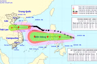 Vị trí và hướng di chuyển của áp thấp nhiệt đới (hình dưới). (Nguồn: kttv.gov.vn)