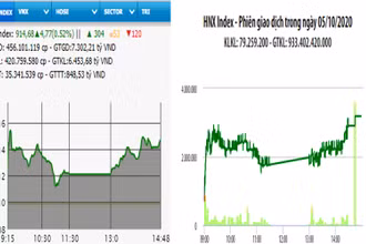 Diễn biến VN-Index và HNX-Index, phiên giao dịch ngày 5-10. 