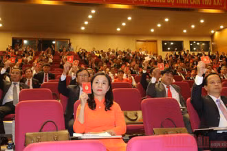 Các đại biểu biểu quyết số lượng nhân sự bầu Ban Chấp hành Đảng bộ tỉnh Bình Định khóa 20, nhiệm kỳ 2020 - 2025.