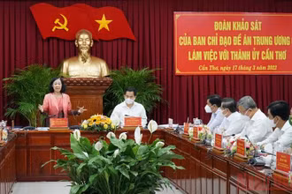 Đồng chí Trương Thị Mai phát biểu ý kiến tại buổi làm việc.